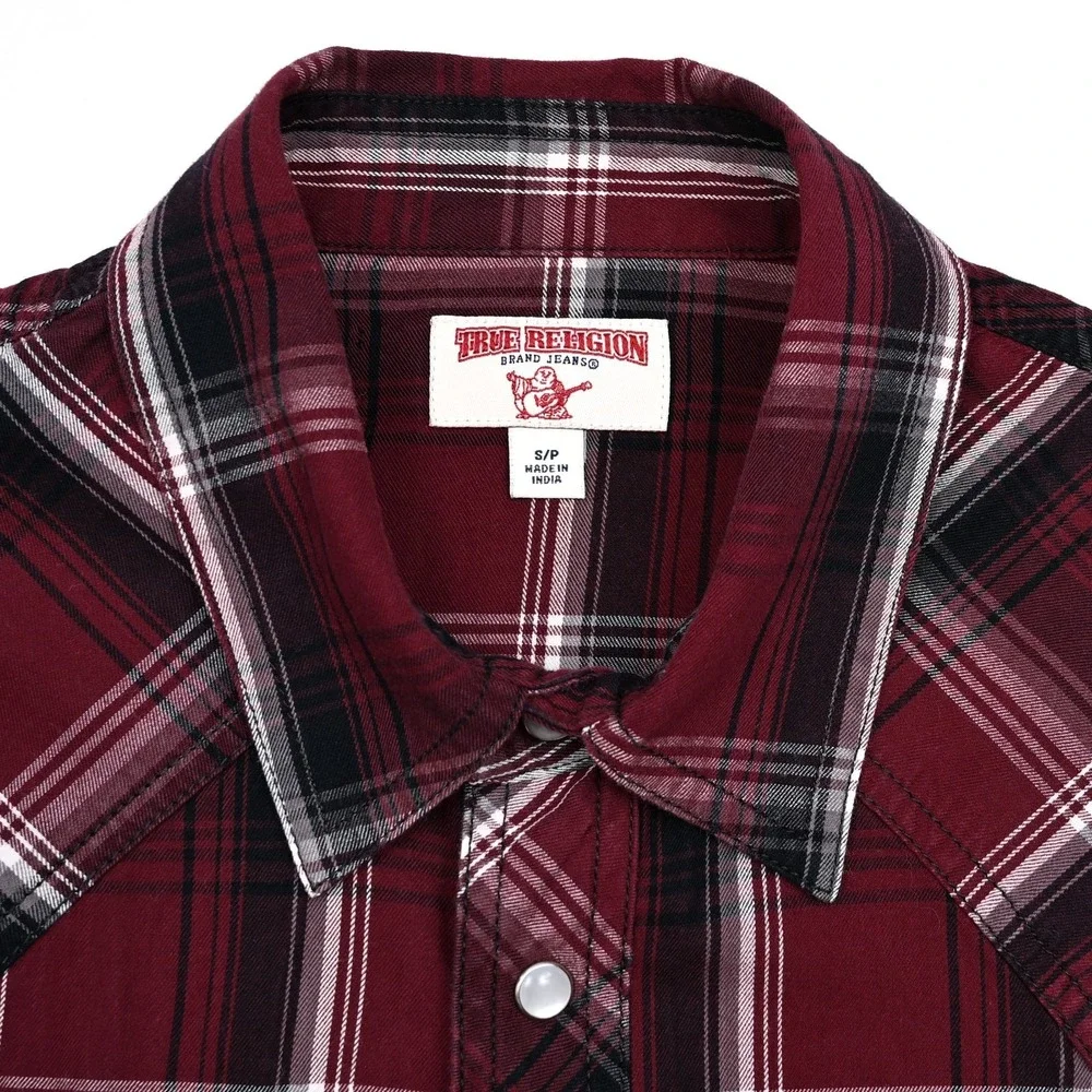 True Religion Shirt Mens Small Plaid L/S Pearl Snap Rancher Work Embroidered‎